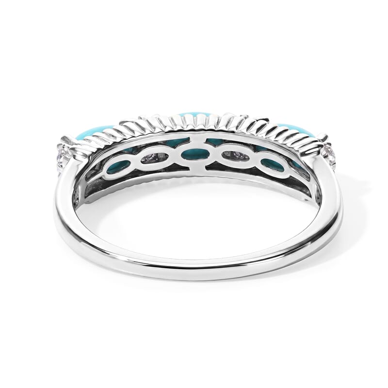 D'Joy Sleeping Beauty Turquoise and White Zircon 0.85 ctw Band Ring in Rhodium Over Sterling Silver (Size 9.0)