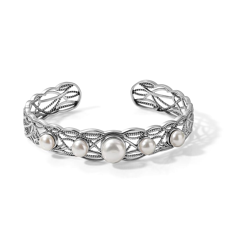 D'Joy Passport to Israel Freshwater Pearl Cuff Bracelet in Sterling Silver (7.25 In)
