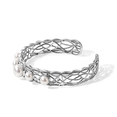 D'Joy Artisan Crafted Passport to Israel Freshwater Pearl Cuff Bracelet in Sterling Silver (7.25 In)