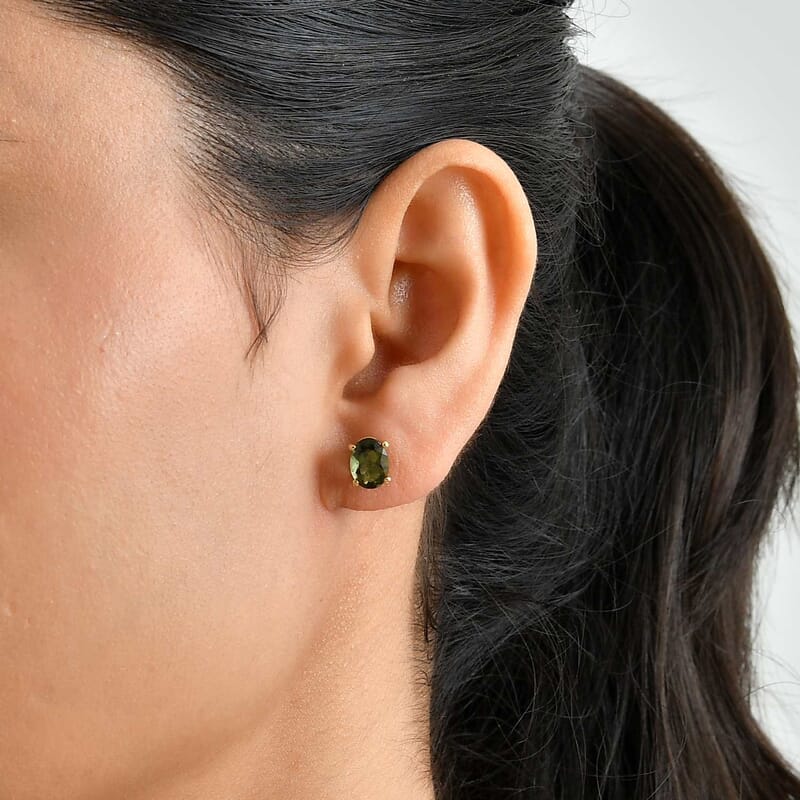 D'Joy Premium Bohemian Moldavite 2.15 ctw Stud Earrings in 18K Vermeil Yellow Gold Over Sterling Silver