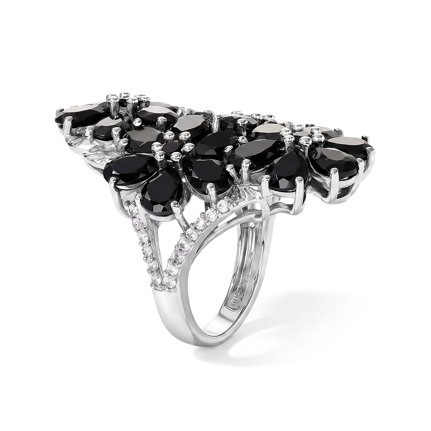 EverTrue Thai Black Spinel and White Zircon 17.60 ctw Bouquet of Flowers Ring in Platinum Bond (Size 6.0)