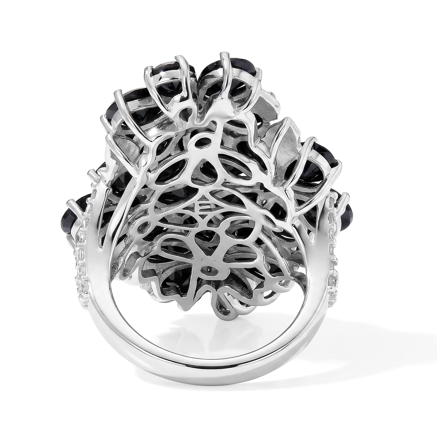 EverTrue Thai Black Spinel and White Zircon 17.60 ctw Bouquet of Flowers Ring in Platinum Bond (Size 6.0)