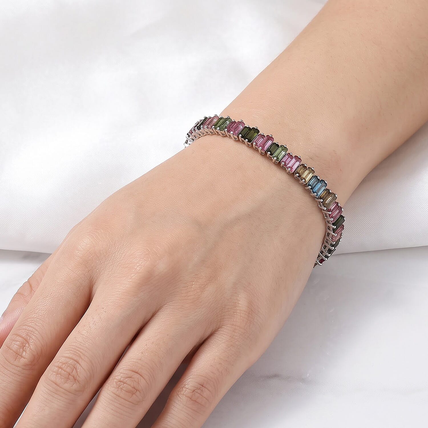 D'Joy AAA Multi-Tourmaline 12.50 ctw Bracelet in Rhodium Over Sterling Silver (7.25 In)