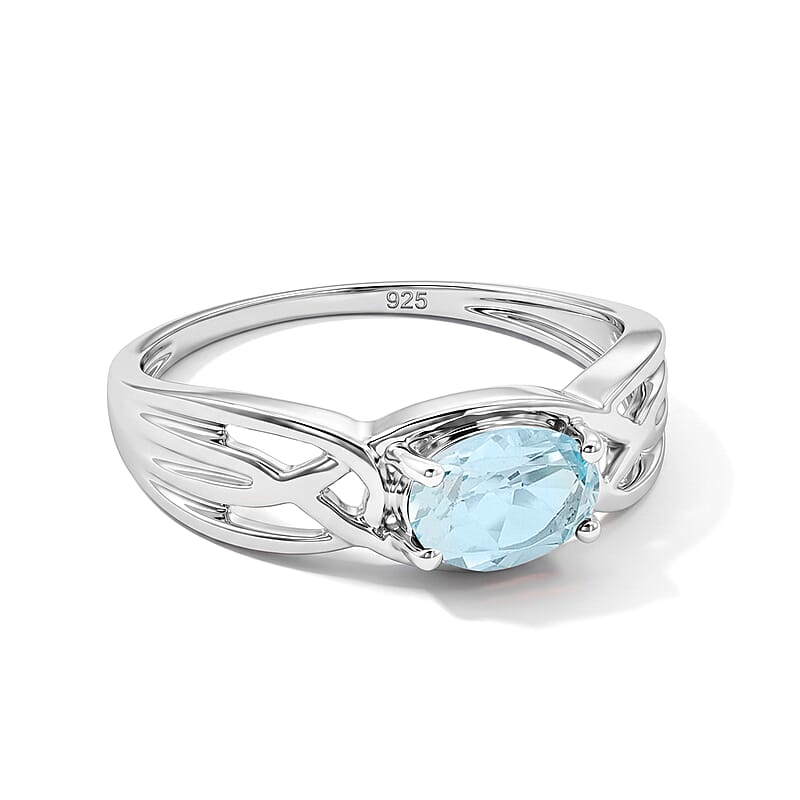 Simulated Blue Diamond East West Solitaire Ring in Sterling Silver (Size 8.0)