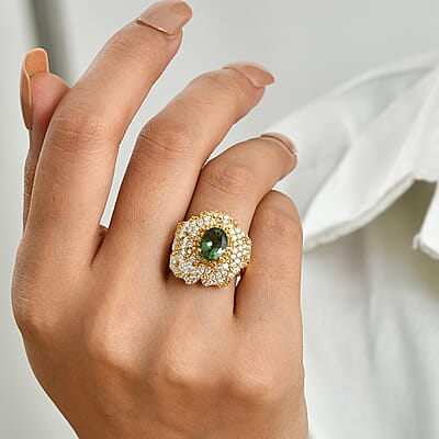 D'Joy Premium Natural Green Apatite and Multi Gemstone 3.50 ctw Wildflower Bloom Ring in 18K Vermeil Yellow Gold Over Sterling Silver (Size 6.0)