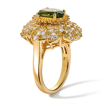D'Joy Premium Natural Green Apatite and Multi Gemstone 3.50 ctw Wildflower Bloom Ring in 18K Vermeil Yellow Gold Over Sterling Silver (Size 6.0)