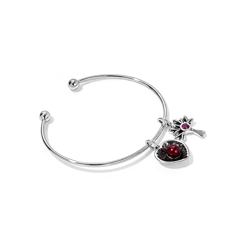 D'Joy Passport to Israel Artisan Crafted Red Freshwater Pearl and Premium Orissa Rhodolite Garnet 0.35 ctw Cuff Bracelet in Sterling Silver (7.25 In)