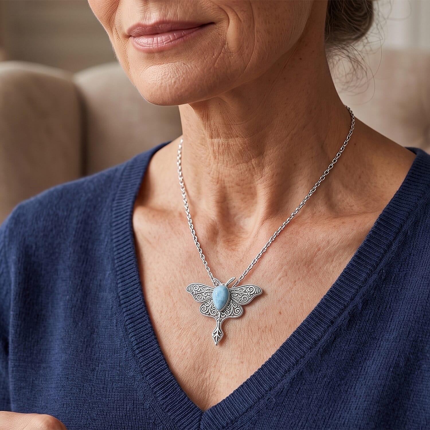 D'Joy Bali Legacy Larimar 4.60 ctw Butterfly Pendant without Chain in Sterling Silver
