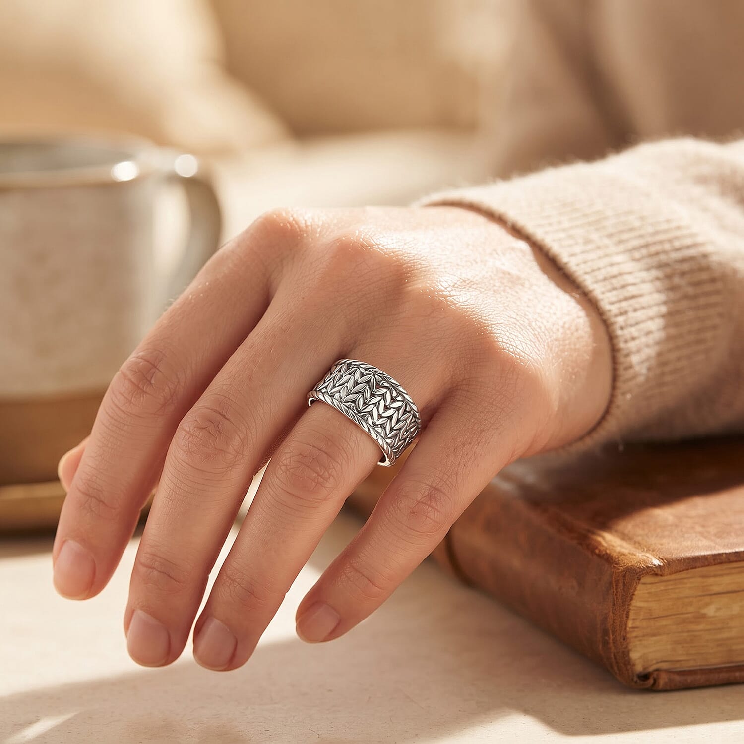D'Joy Bali Legacy Textured Wide Band Ring in Sterling Silver (Size 5.0) 5.10 Grams