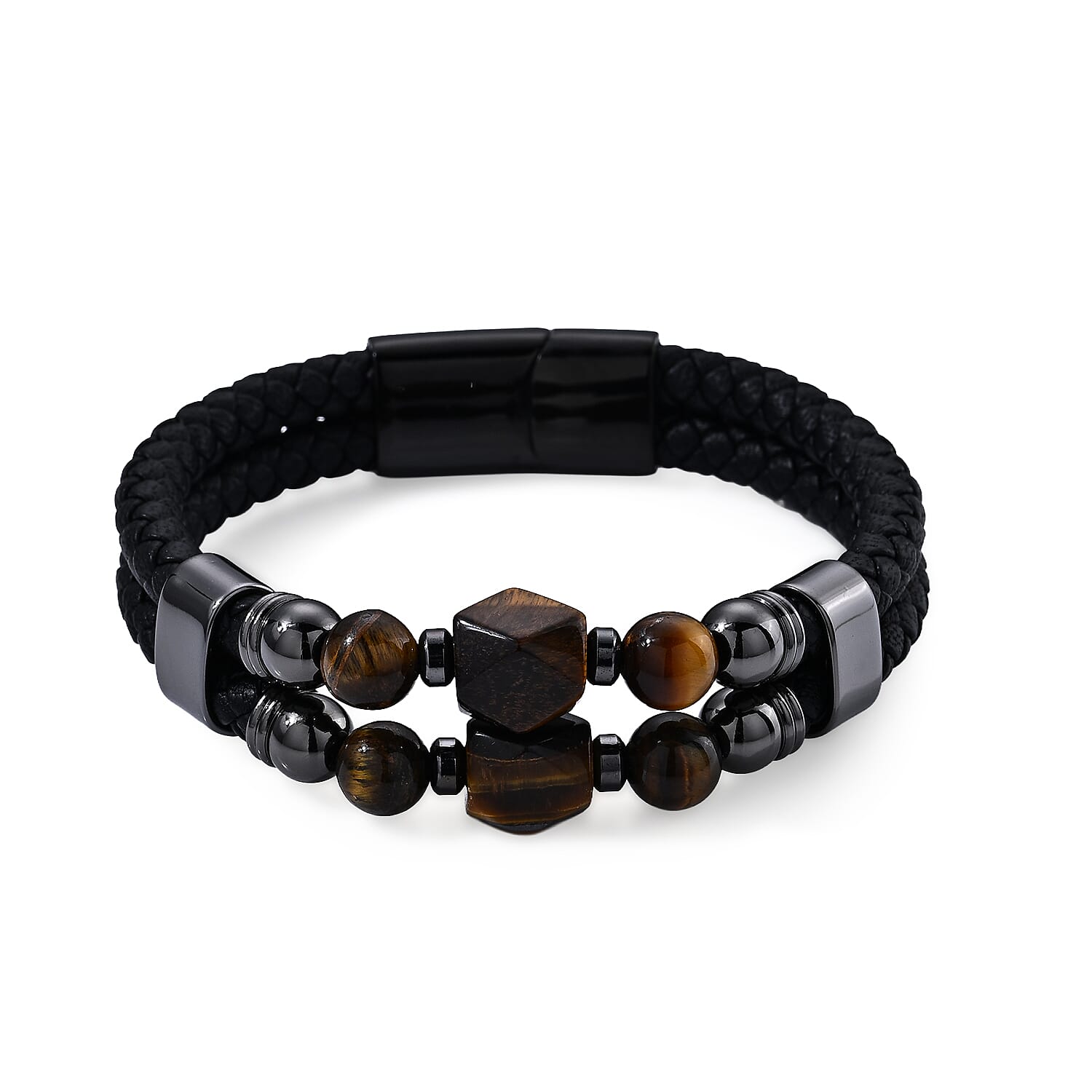 Yellow Tiger Eye 50.00 ctw Leather Bracelet in ION Plated Black Stainless Steel (8.50 In)