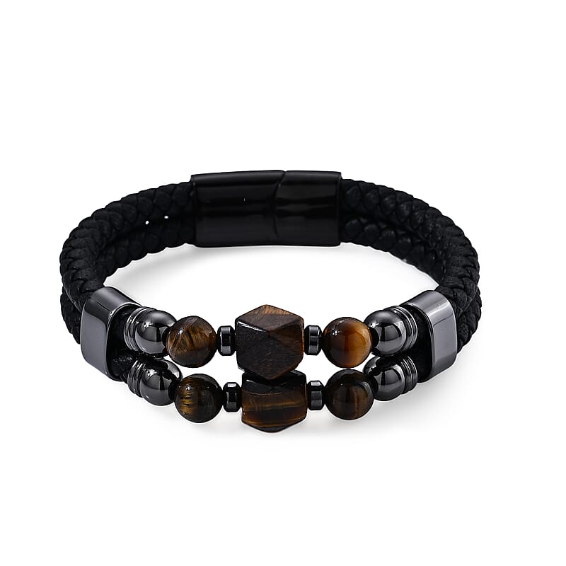 Yellow Tiger Eye 50.00 ctw Leather Bracelet in ION Plated Black Stainless Steel (8.50 In)