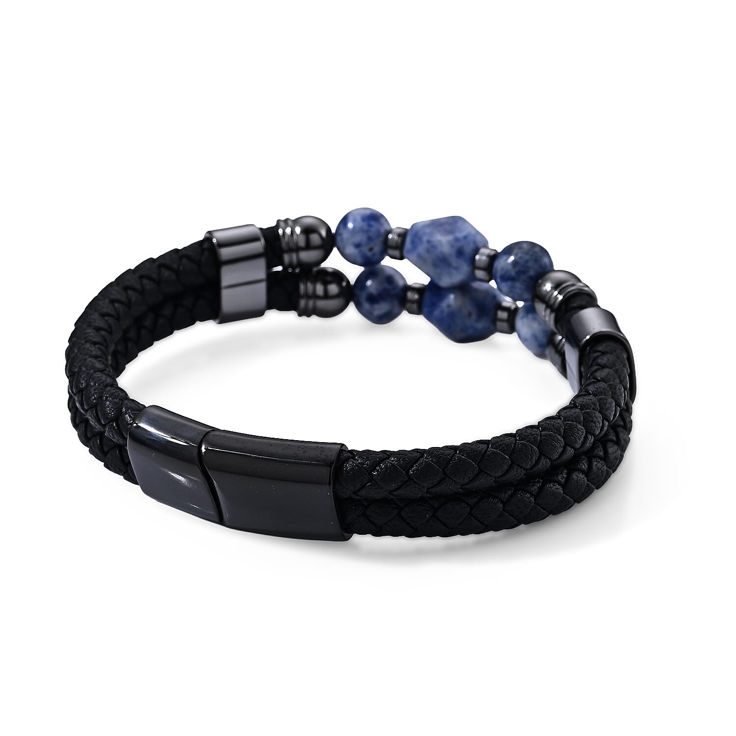 Blue Sodalite 50.00 ctw Leather Bracelet in ION Plated Black Stainless Steel (8.50 In)
