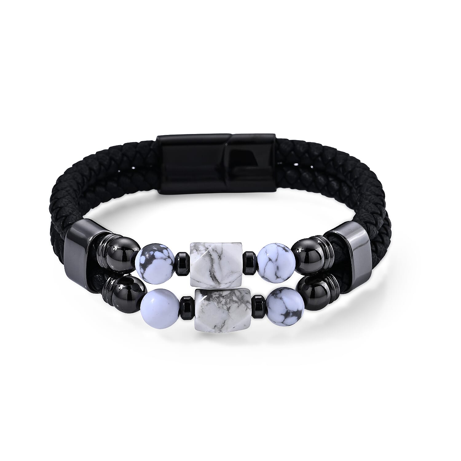 White Howlite 50.00 ctw Leather Bracelet in ION Plated Black Stainless Steel (8.50 In)