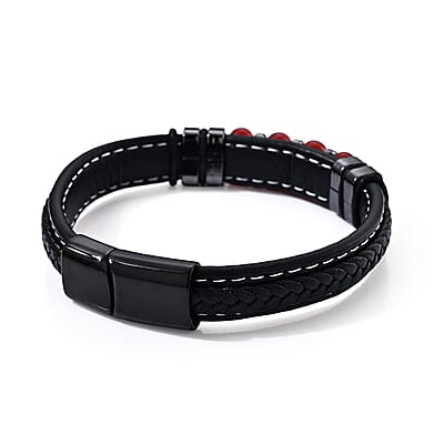 Red Agate 30.00 ctw Leather Beaded Bracelet in ION Plated Black Stainless Steel (8.50 In)