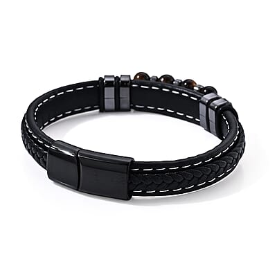 Yellow Tigers Eye 30.00 ctw Leather Beaded Bracelet in ION Plated Black Stainless Steel (8.50 In)