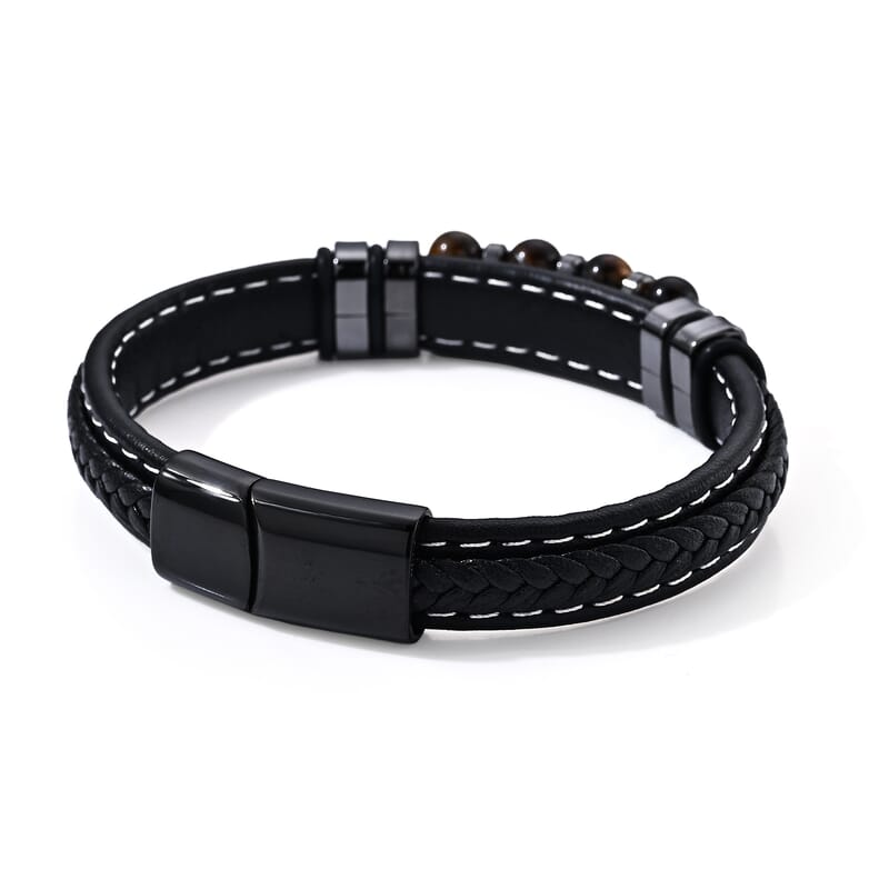 Yellow Tigers Eye 30.00 ctw Leather Beaded Bracelet in ION Plated Black Stainless Steel (8.50 In)