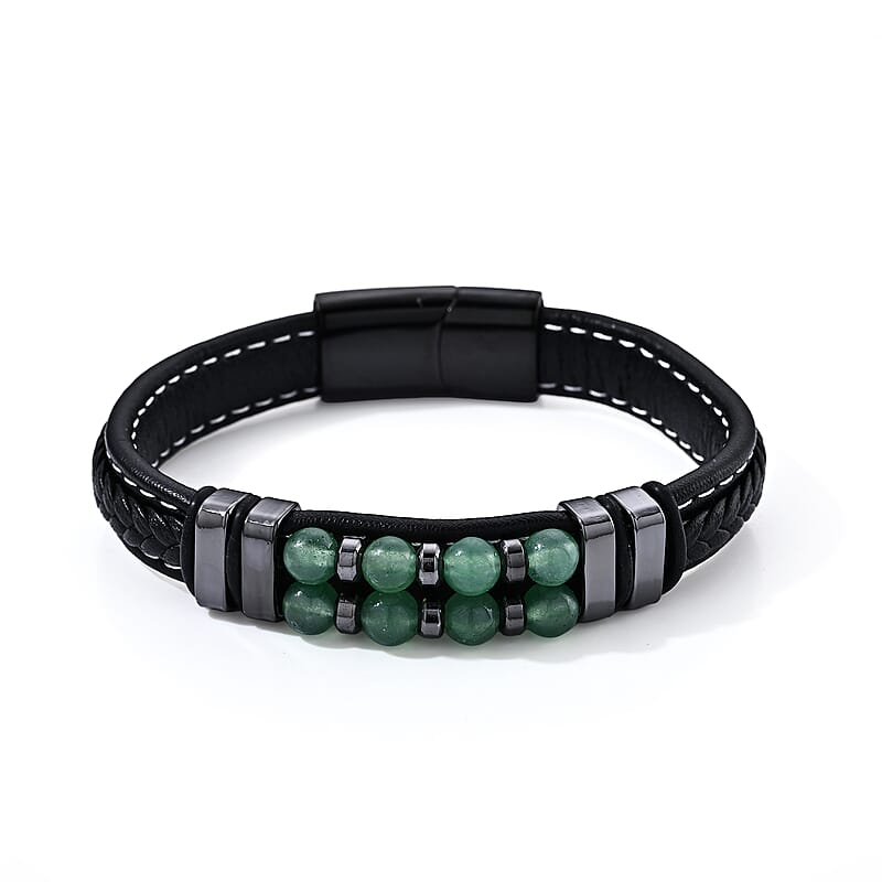Green Aventurine 30.00 ctw Leather Beaded Bracelet in ION Plated Black Stainless Steel (8.50 In)