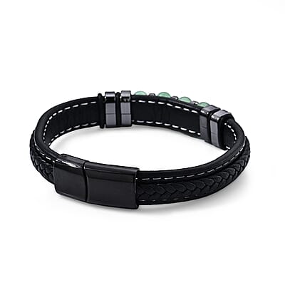 Green Aventurine 30.00 ctw Leather Beaded Bracelet in ION Plated Black Stainless Steel (8.50 In)
