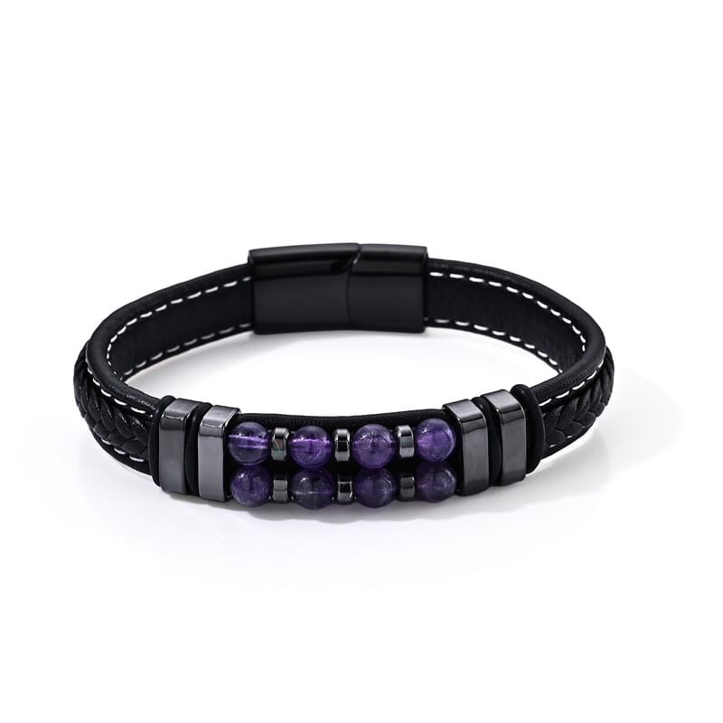 African Amethyst 30.00 ctw Leather Beaded Bracelet in ION Plated Black Stainless Steel (8.50 In)