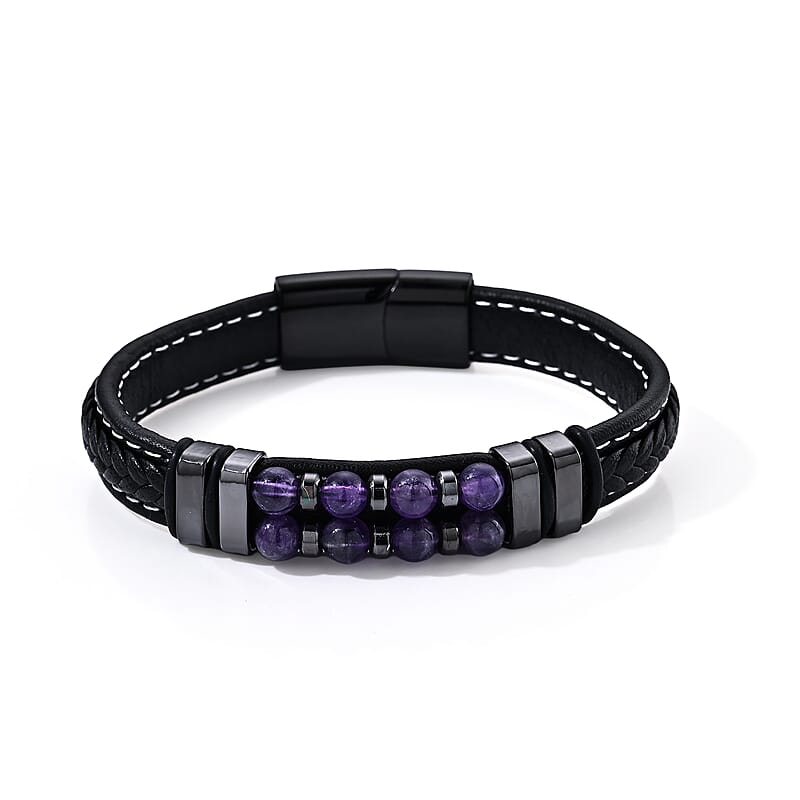 African Amethyst 30.00 ctw Leather Beaded Bracelet in ION Plated Black Stainless Steel (8.50 In)