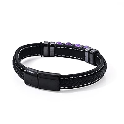 African Amethyst 30.00 ctw Leather Beaded Bracelet in ION Plated Black Stainless Steel (8.50 In)
