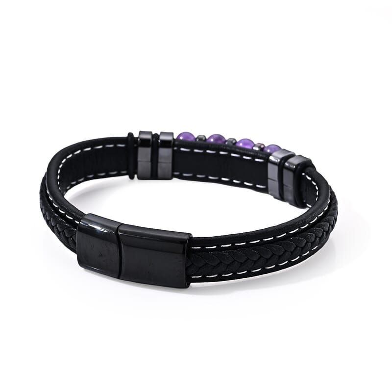 African Amethyst 30.00 ctw Leather Beaded Bracelet in ION Plated Black Stainless Steel (8.50 In)