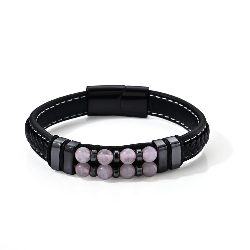 Rose Quartz 30.00 ctw Leather Beaded Bracelet in ION Plated Black Stainless Steel (8.50 In)