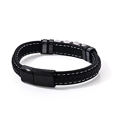 Rose Quartz 30.00 ctw Leather Beaded Bracelet in ION Plated Black Stainless Steel (8.50 In)