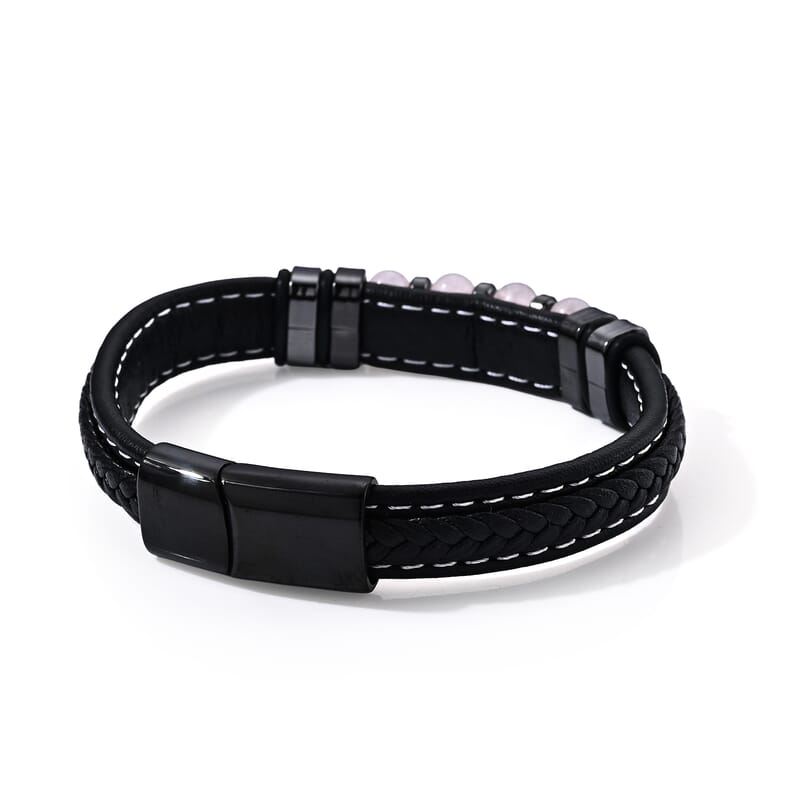 Rose Quartz 30.00 ctw Leather Beaded Bracelet in ION Plated Black Stainless Steel (8.50 In)