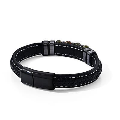 Unakite 30.00 ctw Leather Beaded Bracelet in ION Plated Black Stainless Steel (8.50 In)