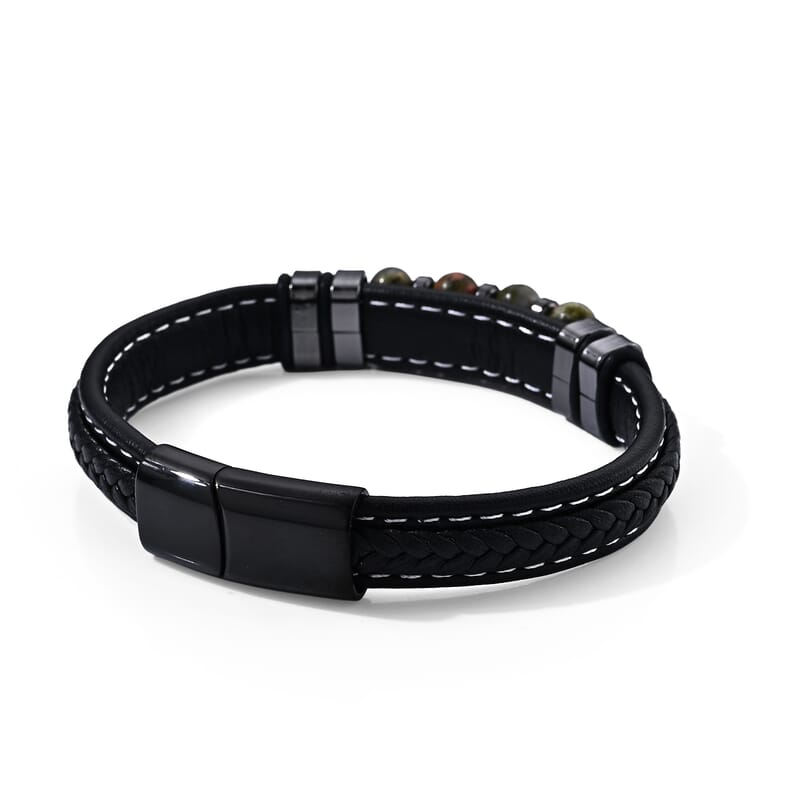 Unakite 30.00 ctw Leather Beaded Bracelet in ION Plated Black Stainless Steel (8.50 In)