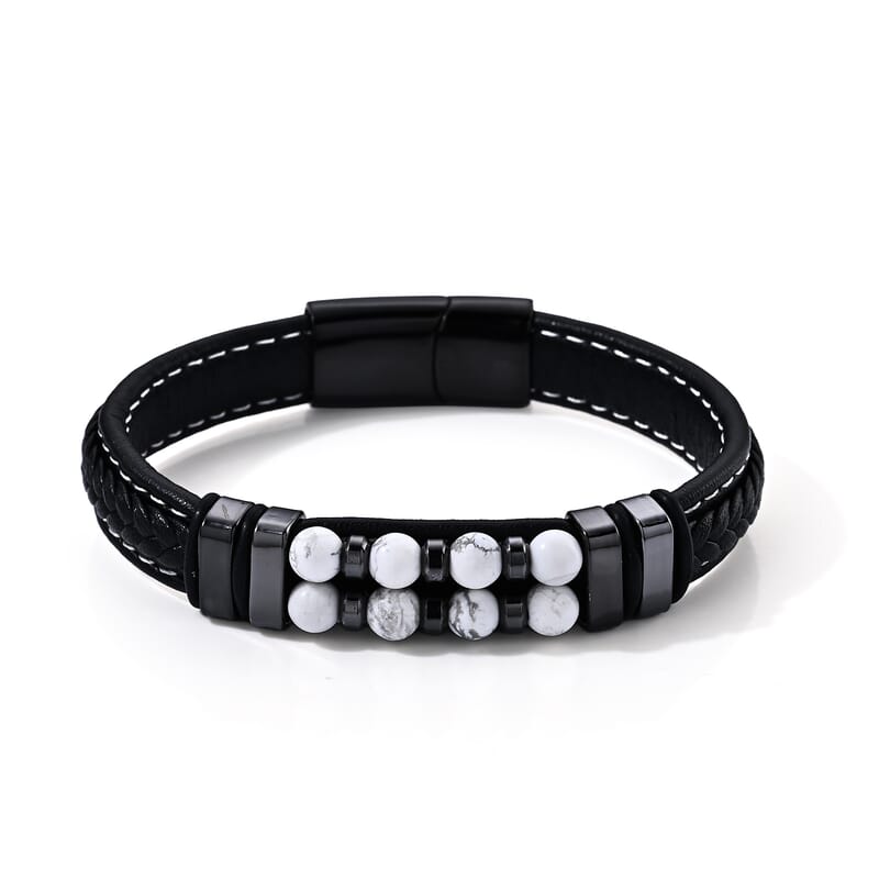 White Howlite 30.00 ctw Leather Beaded Bracelet in ION Plated Black Stainless Steel (8.50 In)