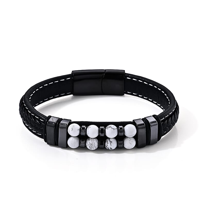 White Howlite 30.00 ctw Leather Beaded Bracelet in ION Plated Black Stainless Steel (8.50 In)