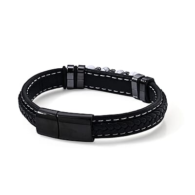 White Howlite 30.00 ctw Leather Beaded Bracelet in ION Plated Black Stainless Steel (8.50 In)