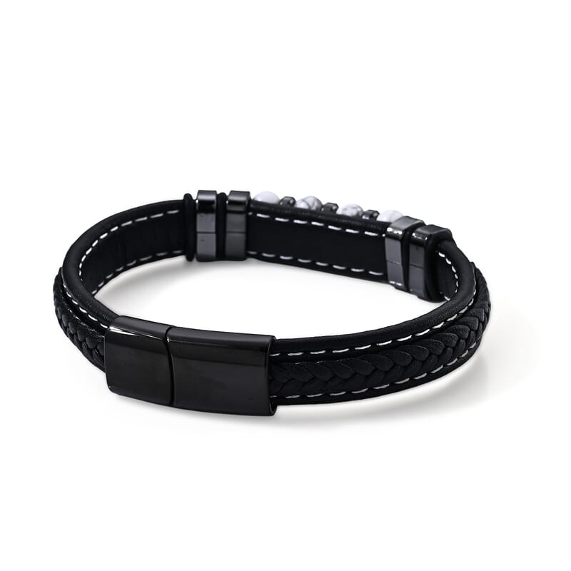 White Howlite 30.00 ctw Leather Beaded Bracelet in ION Plated Black Stainless Steel (8.50 In)