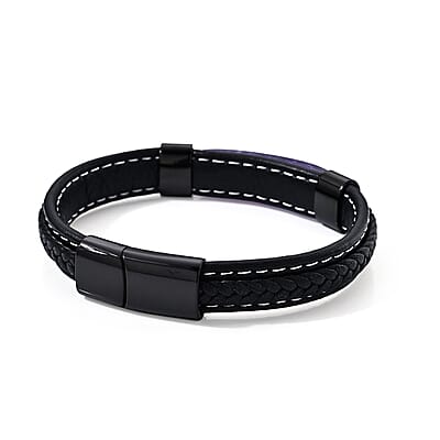 African Amethyst 20.00 ctw Leather Bracelet in ION Plated Black Stainless Steel (8.50 In)
