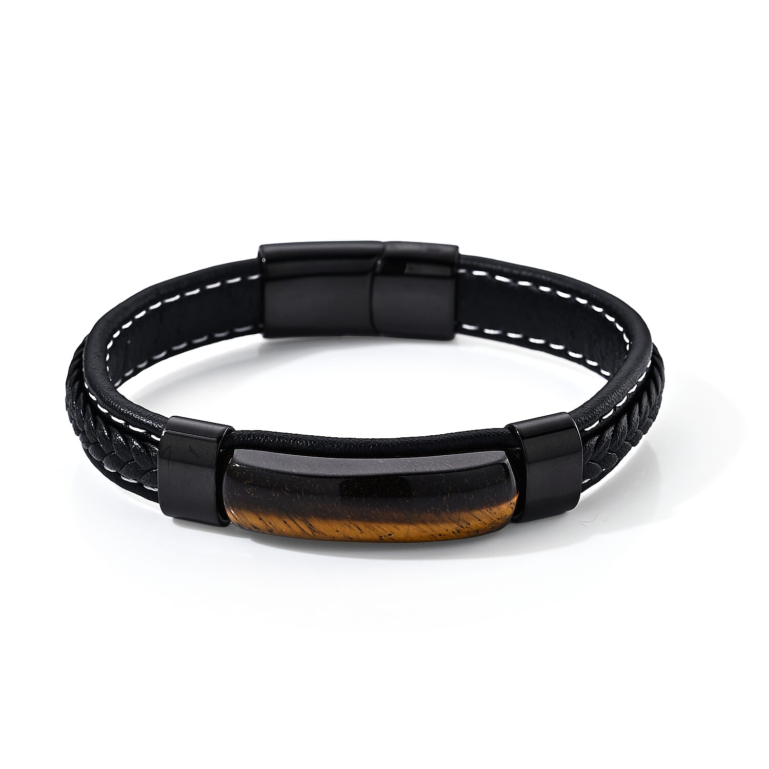 Yellow Tigers Eye 20.00 ctw Leather Bracelet in ION Plated Black Stainless Steel (8.50 In)