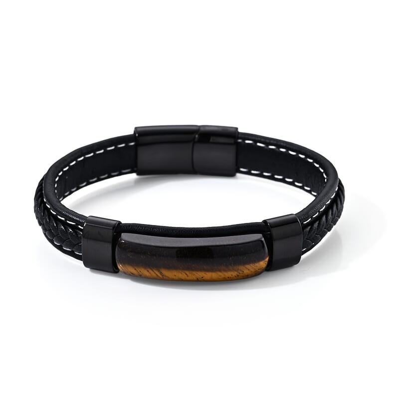 Yellow Tigers Eye 20.00 ctw Leather Bracelet in ION Plated Black Stainless Steel (8.50 In)