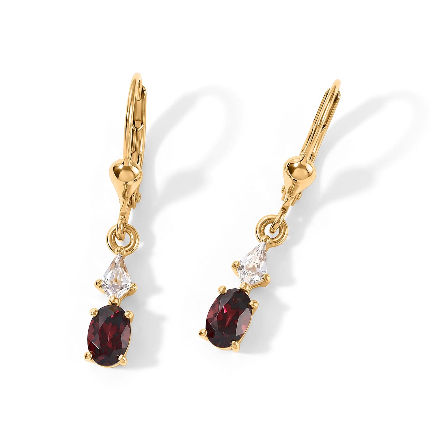 D''Joy AAA Red Zircon and White Zircon 1.75 ctw Solitaire Lever Back Earrings in 18K Vermeil Yellow Gold Over Sterling Silver