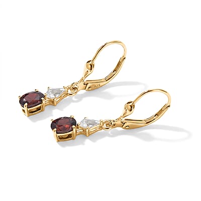 D'Joy AAA Red Zircon and White Zircon 1.75 ctw Solitaire Lever Back Earrings in 18K Vermeil Yellow Gold Over Sterling Silver