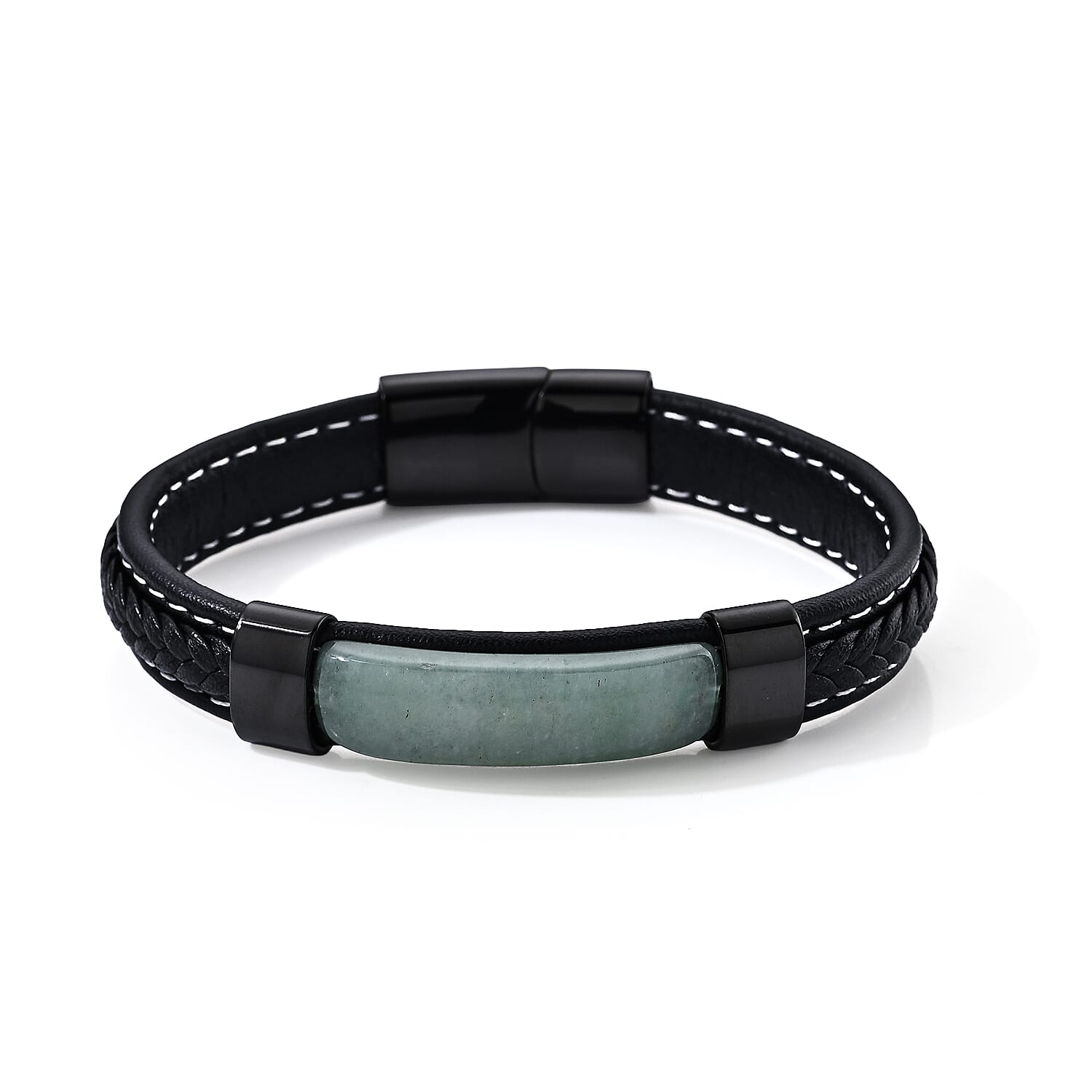 Green Aventurine 20.00 ctw Leather Bracelet in ION Plated Black Stainless Steel (8.50 In)