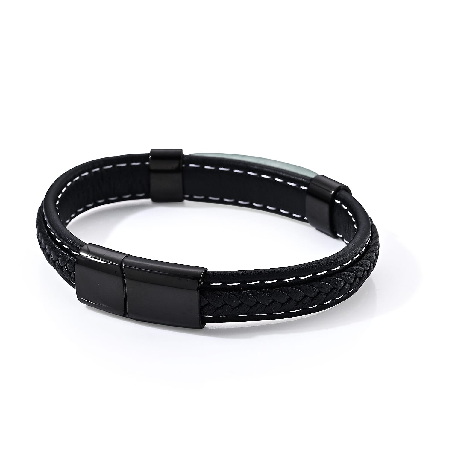 Green Aventurine 20.00 ctw Leather Bracelet in ION Plated Black Stainless Steel (8.50 In)