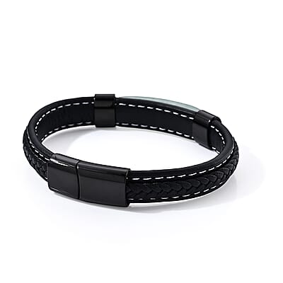 Green Aventurine 20.00 ctw Leather Bracelet in ION Plated Black Stainless Steel (8.50 In)