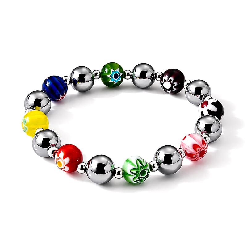 Terahertz and Murano Glass 40.00 ctw Beaded Stretch Bracelet in Silvertone (6.5-7In)
