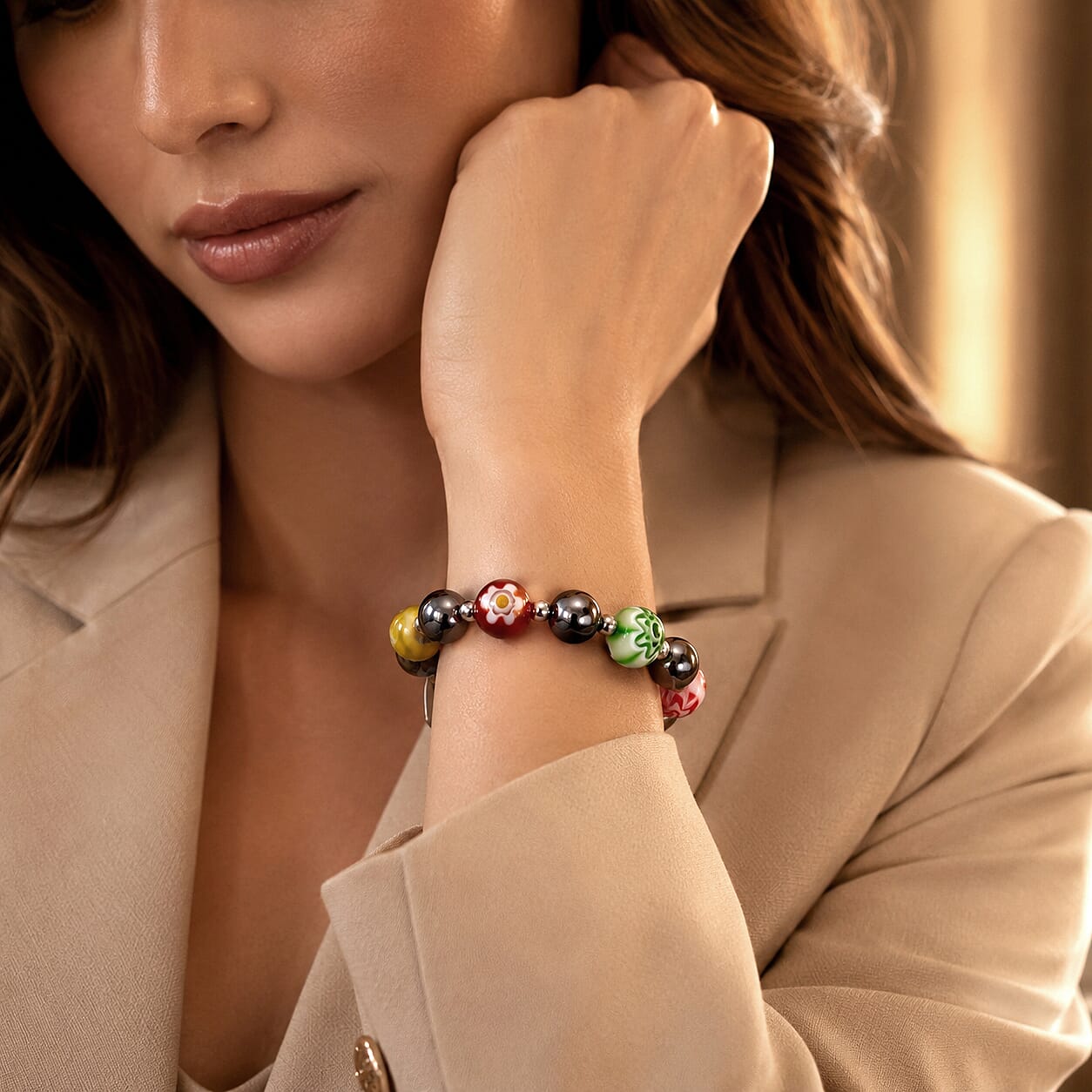 Terahertz and Murano Glass 40.00 ctw Beaded Stretch Bracelet in Silvertone (6.5-7In)