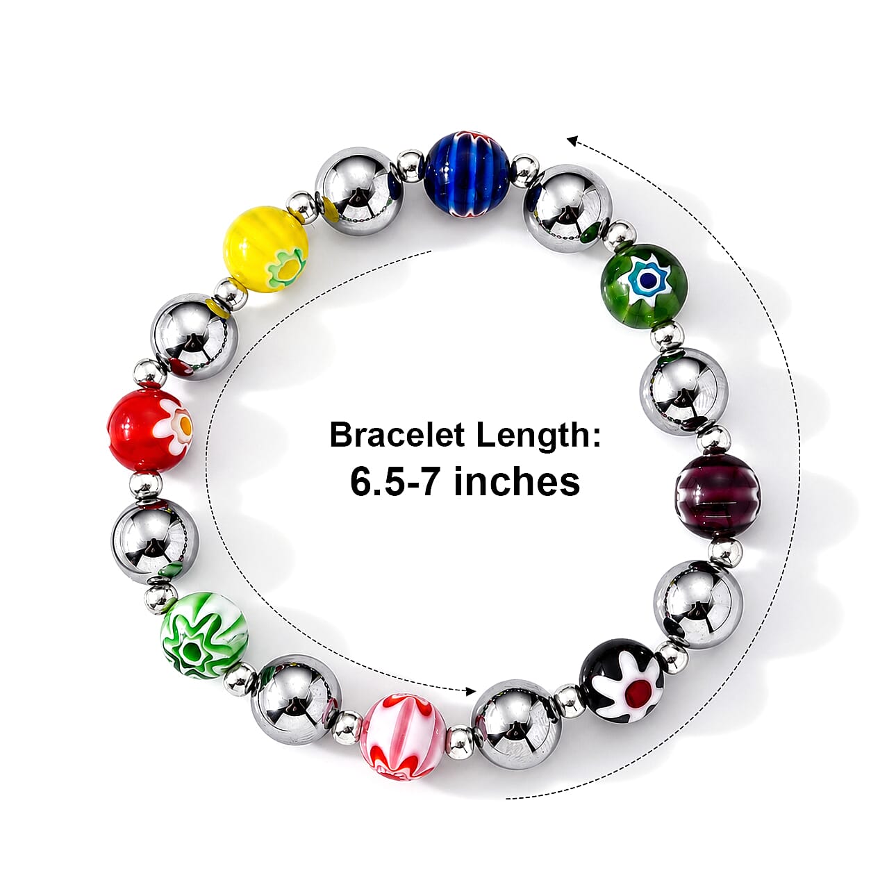 Terahertz and Murano Glass 40.00 ctw Beaded Stretch Bracelet in Silvertone (6.5-7In)