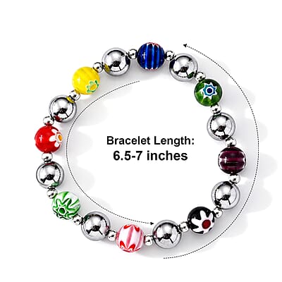 Terahertz and Murano Glass 40.00 ctw Beaded Stretch Bracelet in Silvertone (6.5-7In)