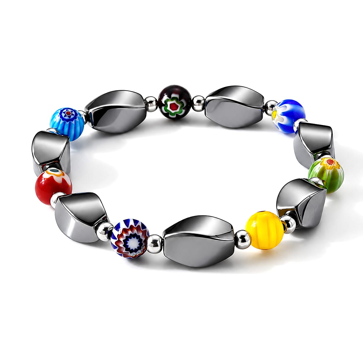 Terahertz and Murano Glass 30.00 ctw Beaded Stretch Bracelet in Silvertone (6.5-7In)