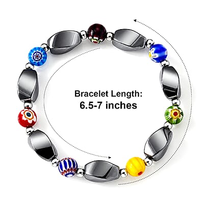 Terahertz and Murano Glass 30.00 ctw Beaded Stretch Bracelet in Silvertone (6.5-7In)