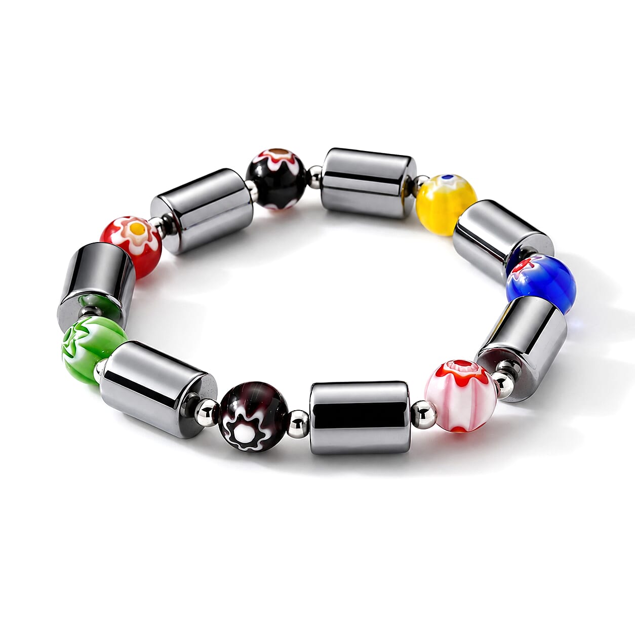 Terahertz and Murano Glass 50.00 ctw Beaded Stretch Bracelet in Silvertone (6.5-7In)